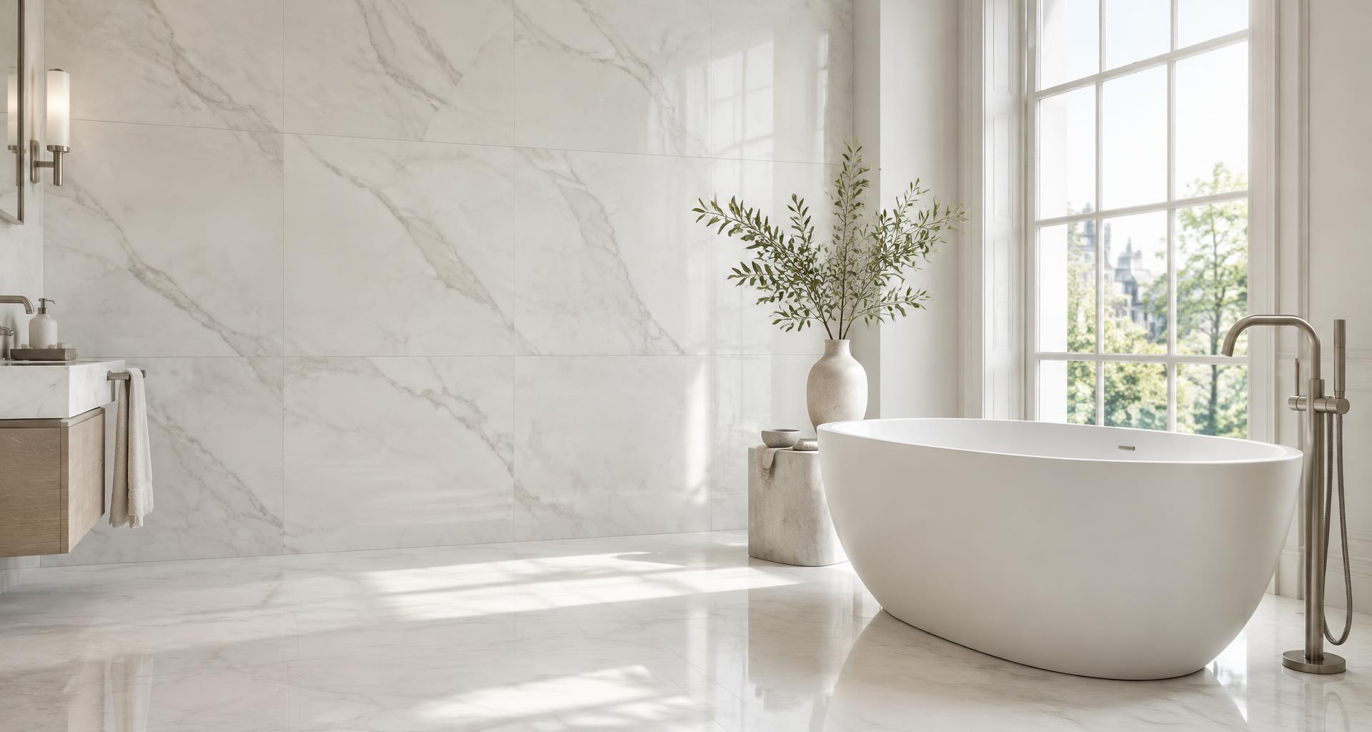 A light-filled bathroom with elegant marble tiles and a sculptural freestanding bath